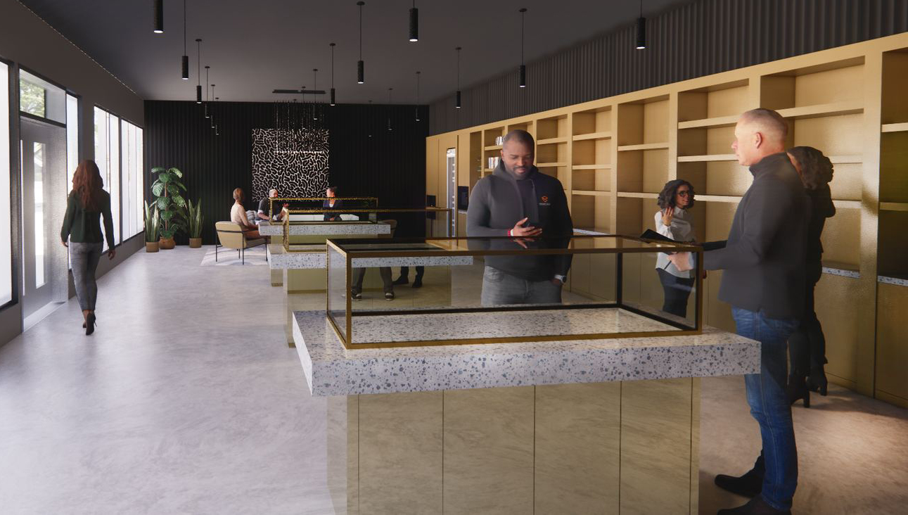 AGS Dispensary concept — retail floor with terrazzo display islands