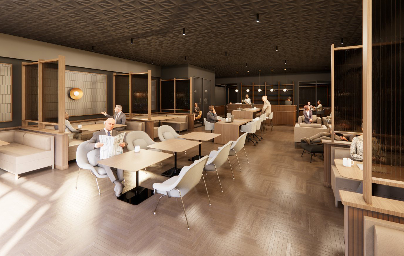 Amata Express — warm workplace lounge with patterned ceiling, banquette seating, and communal bar