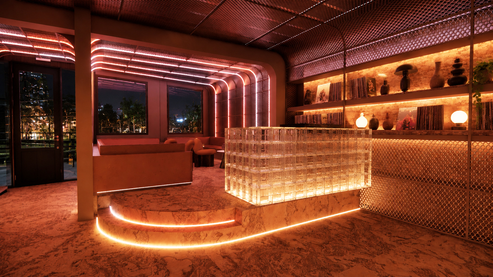 Apr&egrave;s nightclub — elevated marble stage and glass block wall