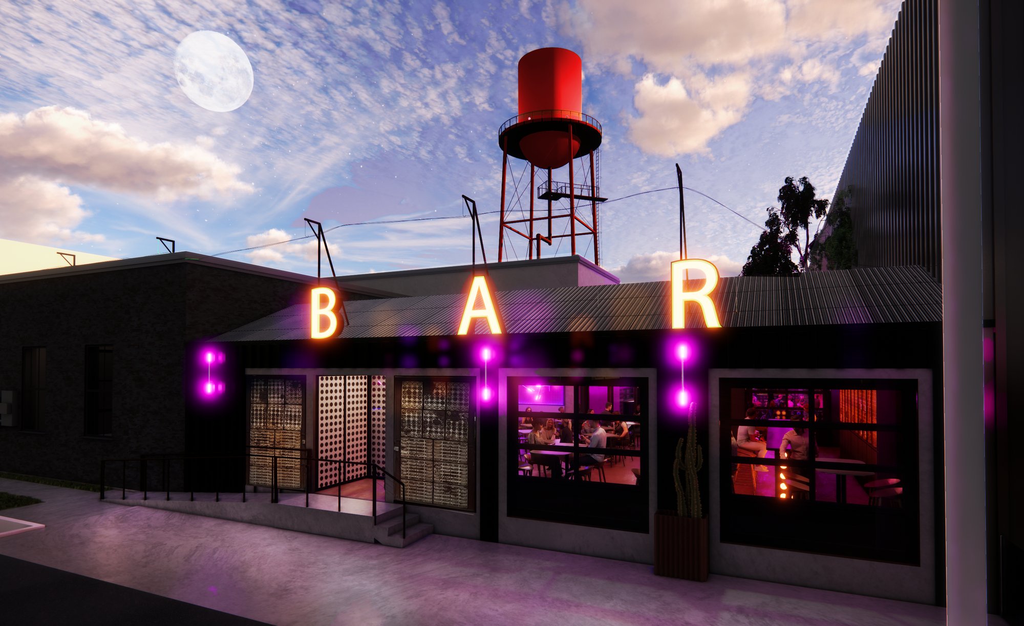 Bywater Bar — dusk exterior with glowing BAR sign and red water tower