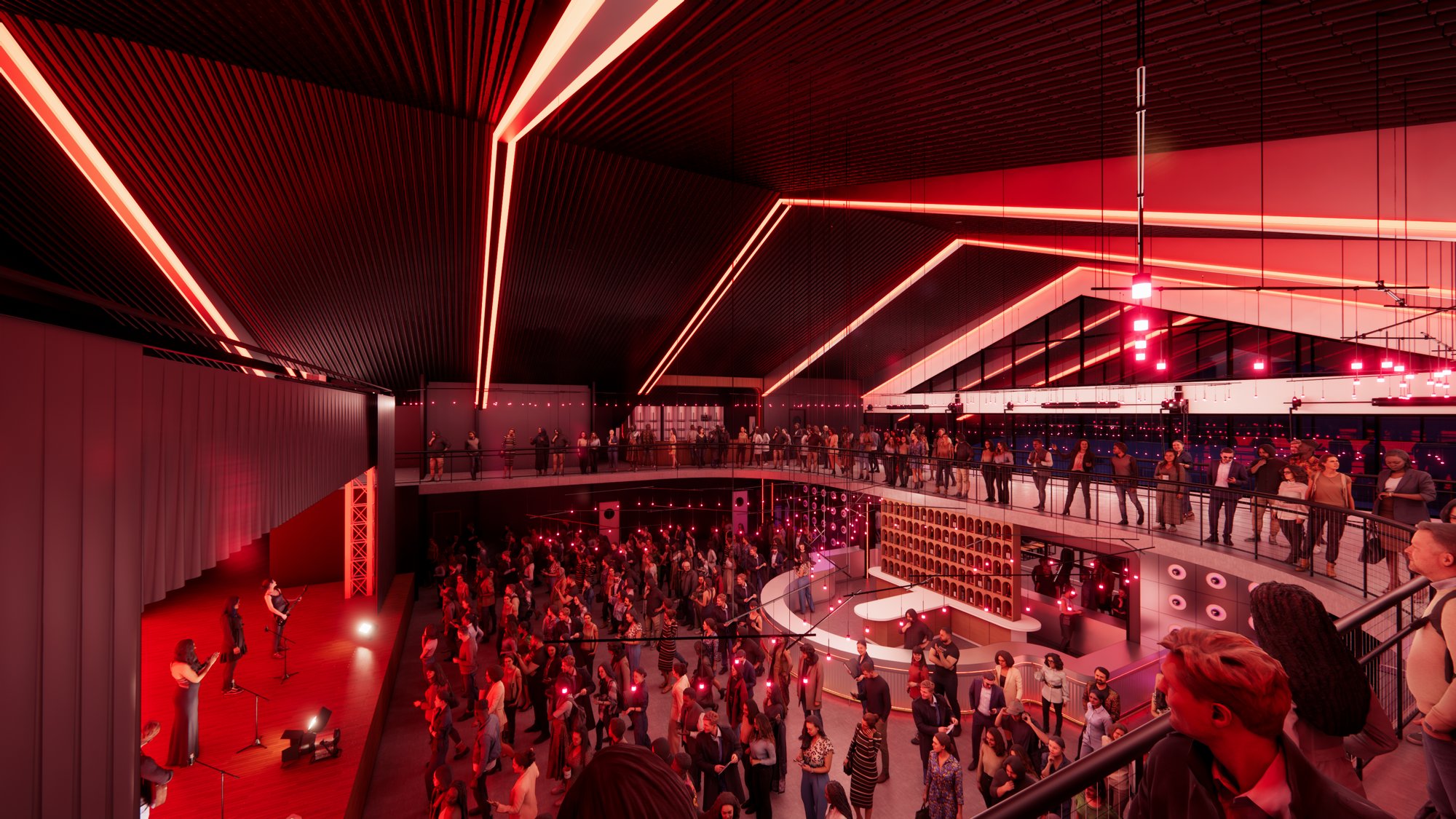 Bywater Music Venue — double-height red-lit hall with stage, crowd, and wrap-around mezzanine