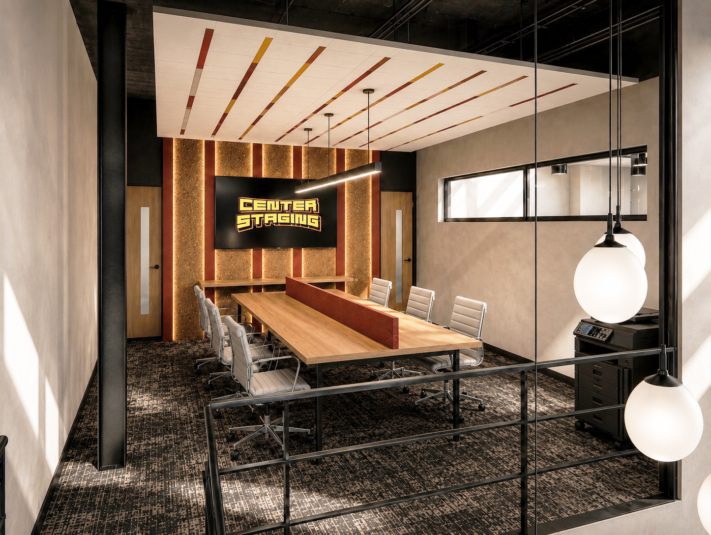 Center Staging &mdash; conference room with striped acoustic ceiling, backlit cork wall, and glass partition