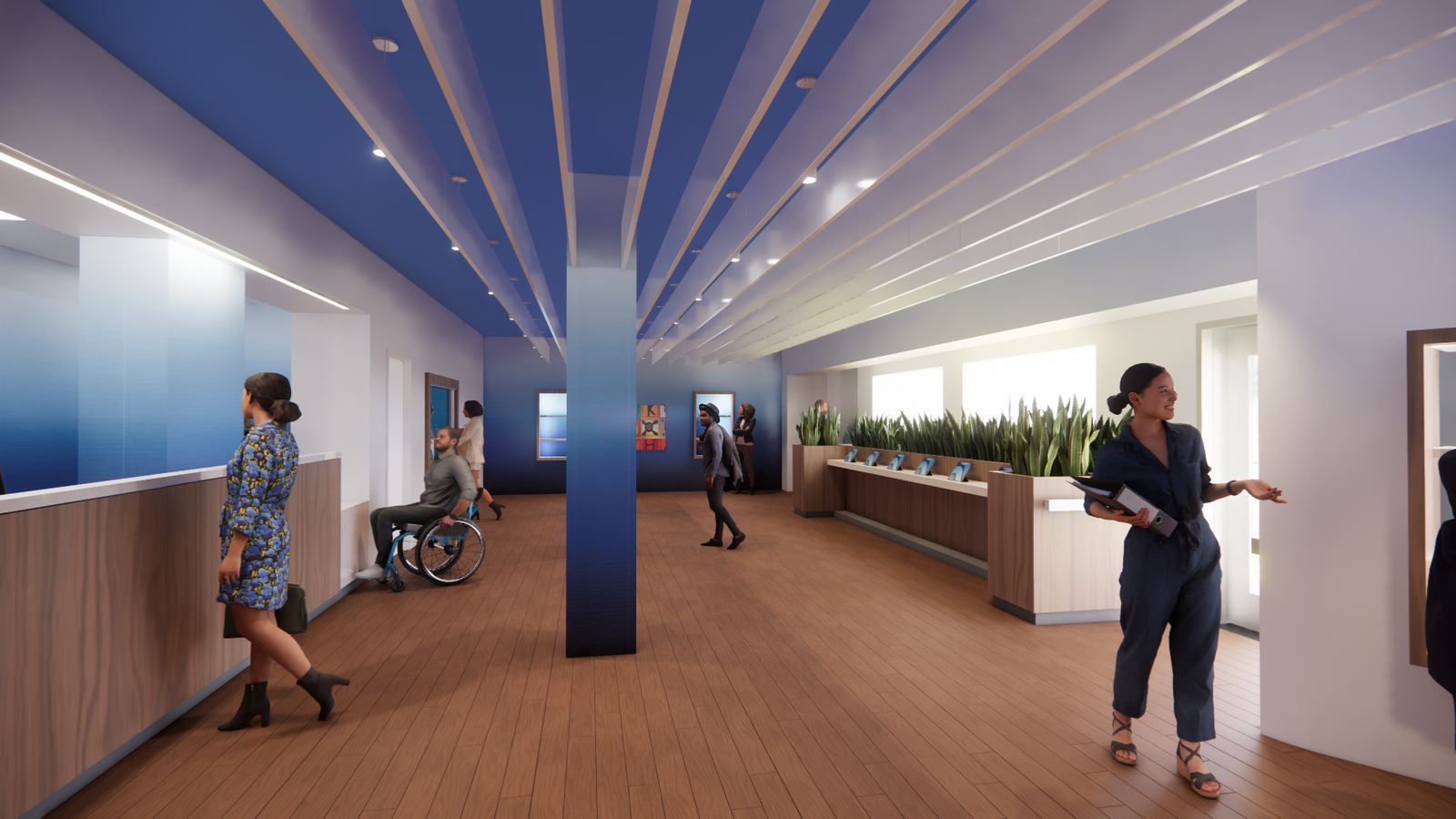 Cloudhaven Dispensary — reception hallway with ombr&eacute; blue ceiling