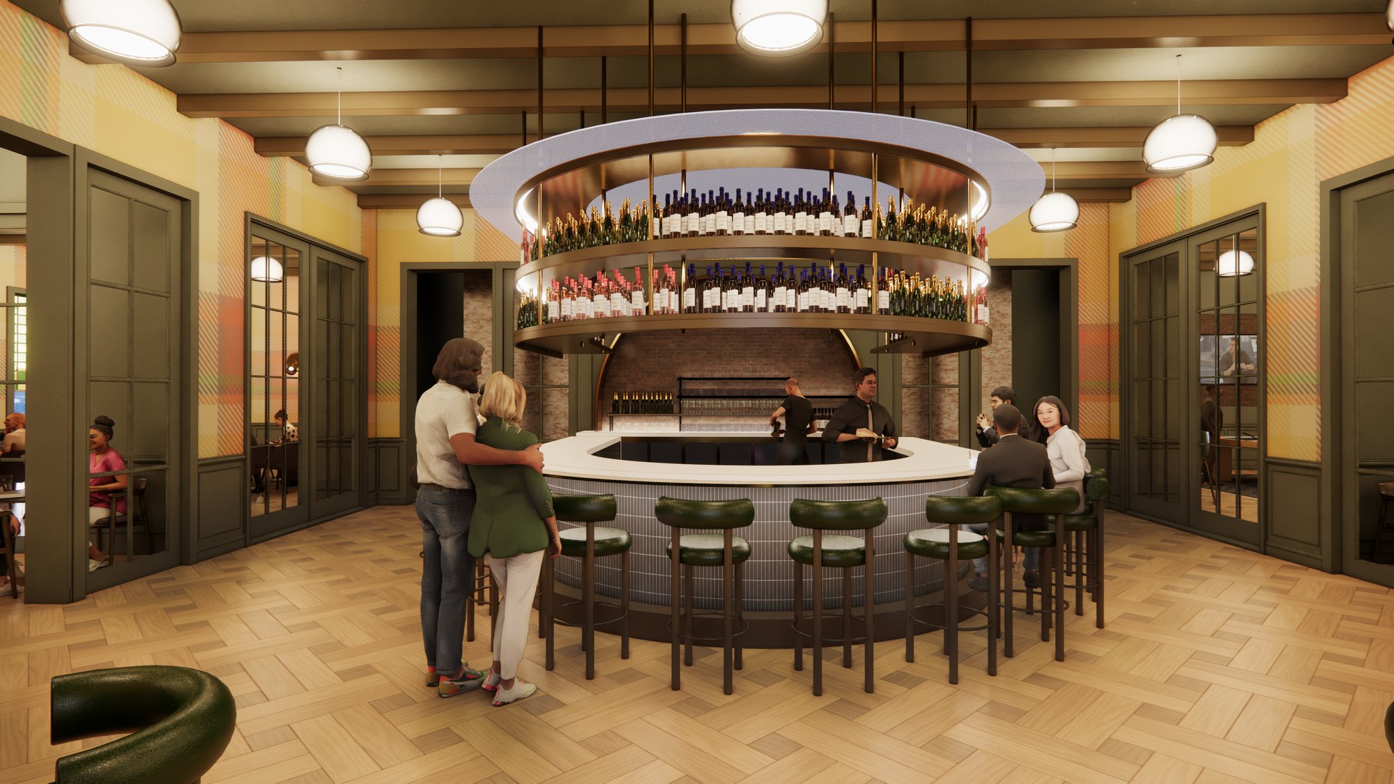 Creole Restaurant — circular two-tier suspended wine display over a central bar