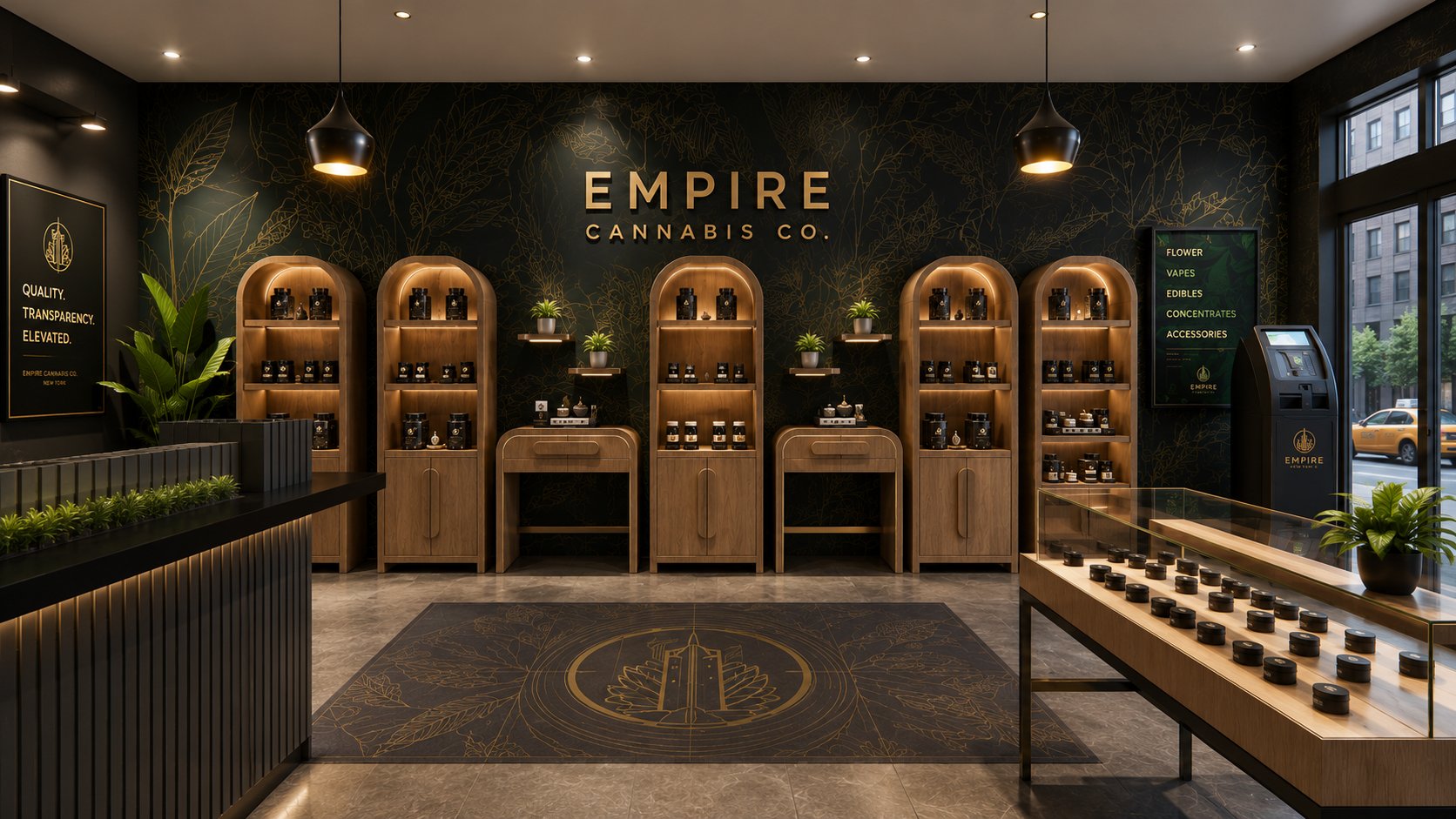 Empire Cannabis Co. — dark-and-gold retail floor with branded feature wall and arched lit display niches