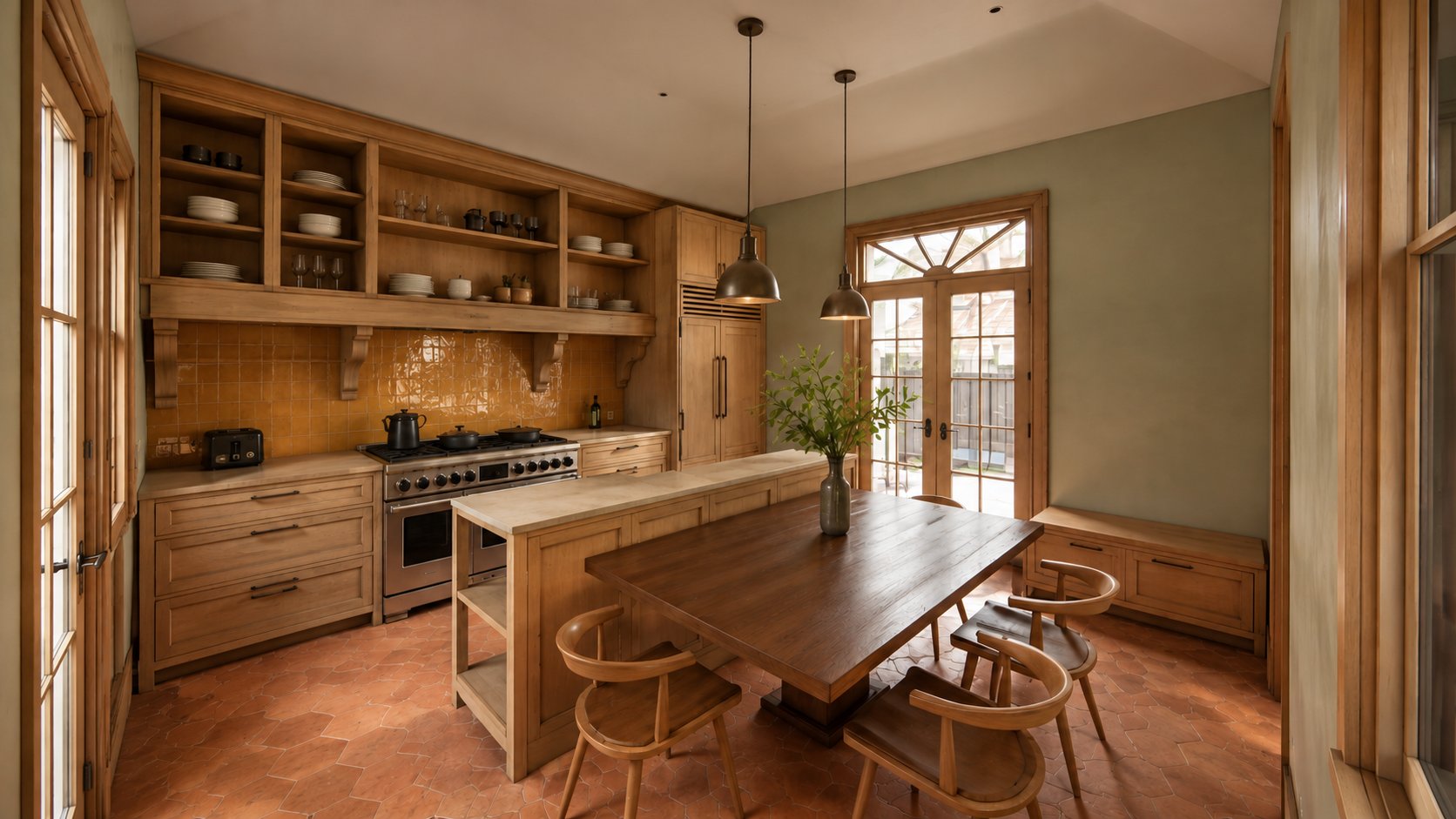 830 Foucher &mdash; kitchen with mustard zellige backsplash, sage plaster walls, and terracotta hex floor
