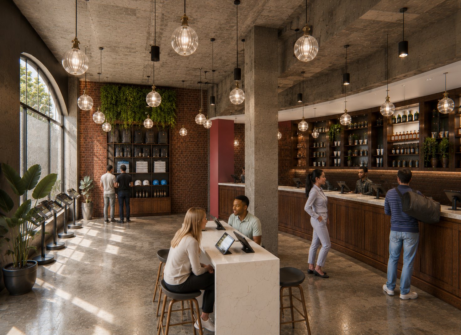 Grasshopper Club dispensary — curved retail counter with living wall