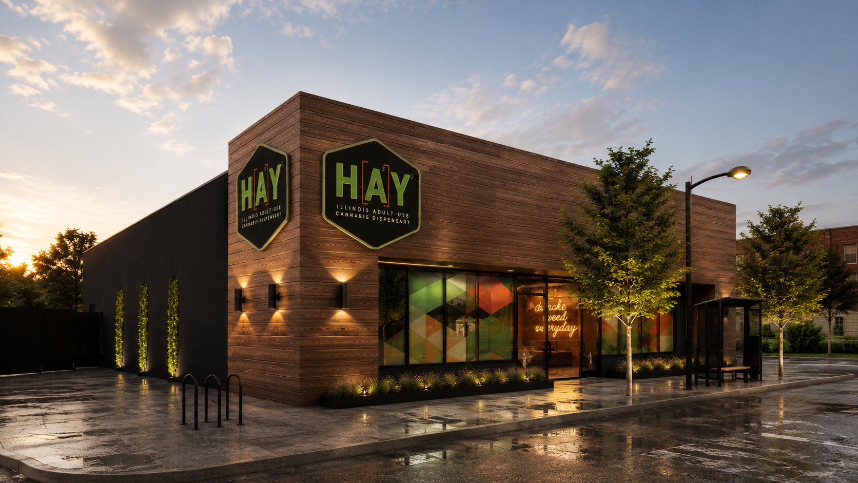 HAY Cannabis &mdash; Chicago dispensary exterior at dusk with illuminated hexagon logo and wood facade