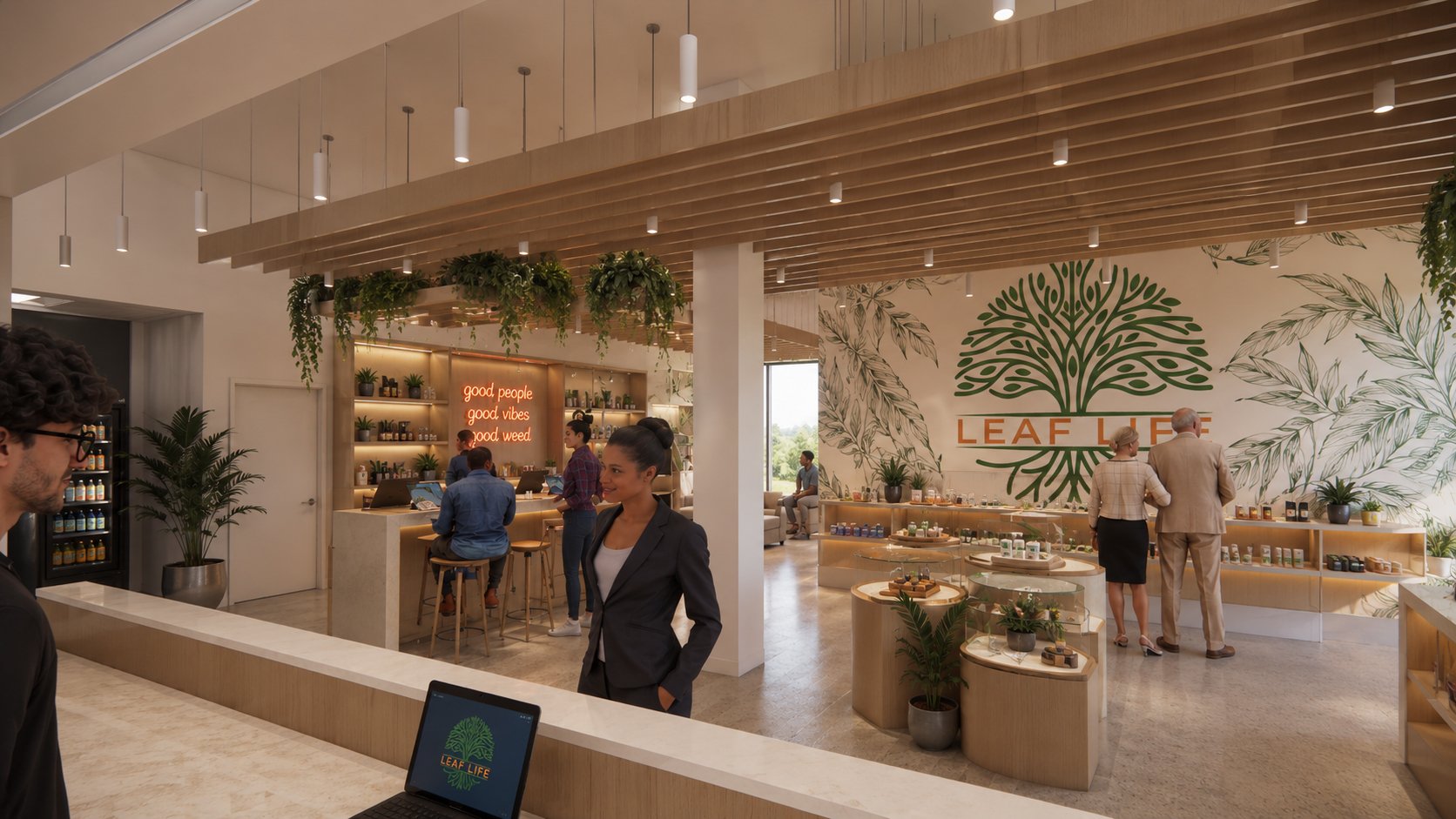 Leaf Life dispensary &mdash; retail floor with timber trellis, trailing greenery, and botanical tree mural