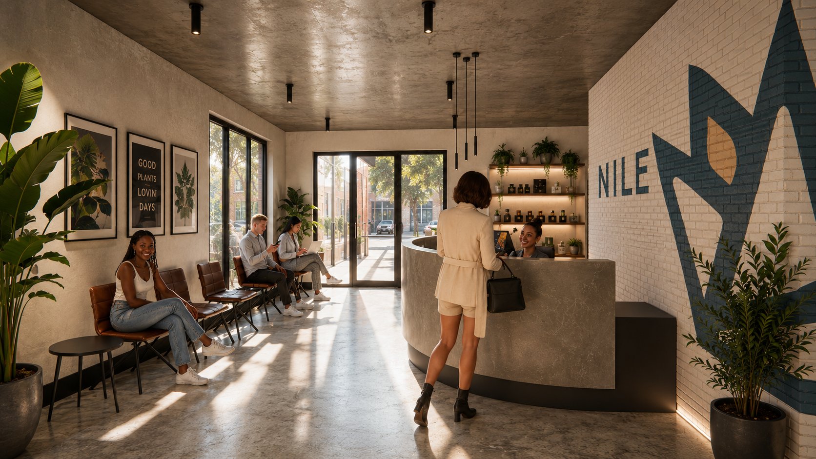 Nile Dispensary &mdash; reception with curved stone counter and blue lotus mural on white brick