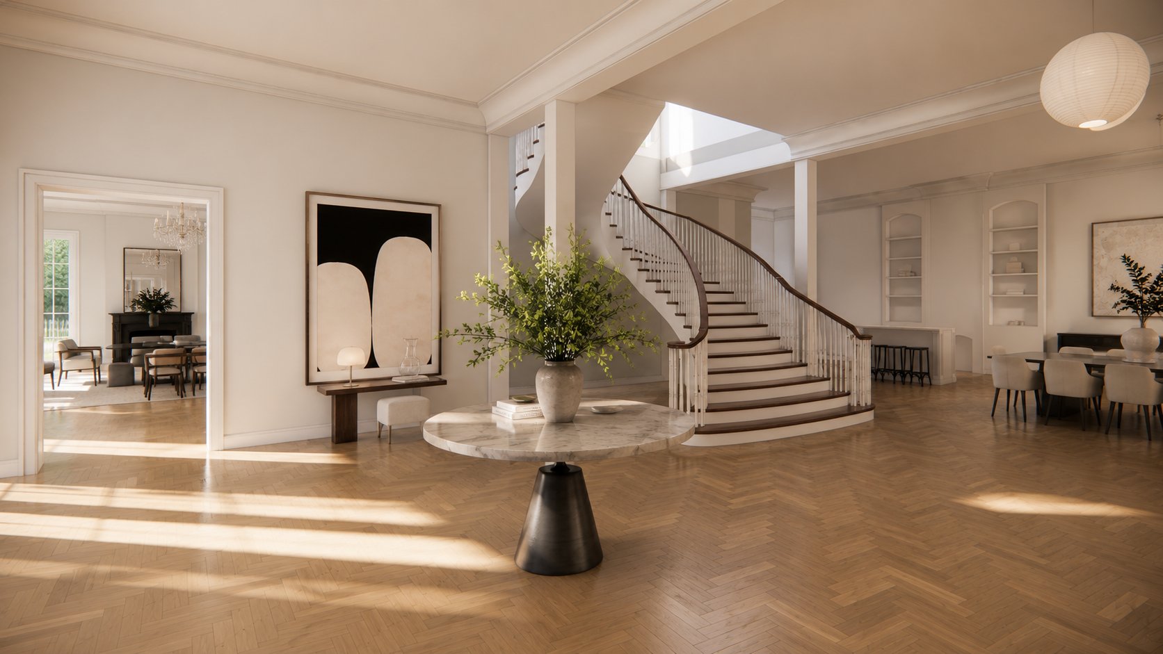 2523 Prytania &mdash; great room with restored curved staircase and herringbone floors