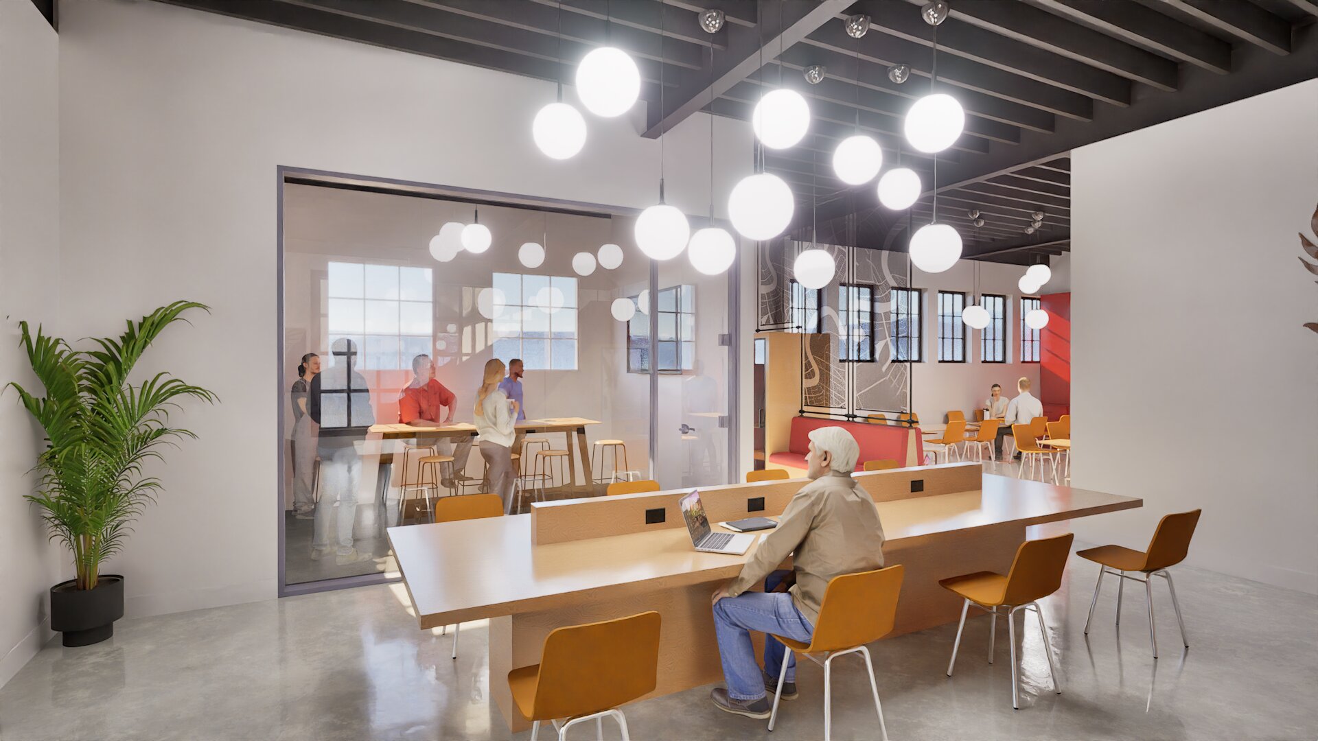 Raven New Orleans HQ — communal worktable and glass-walled meeting room with map mural