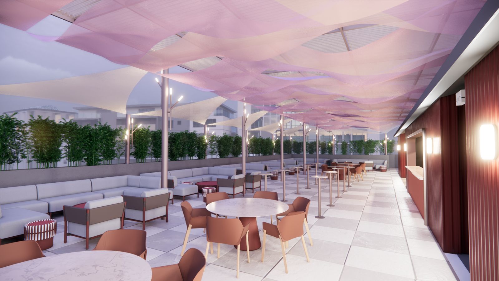 Chicory rooftop lounge — sail-shade canopy and lounge seating