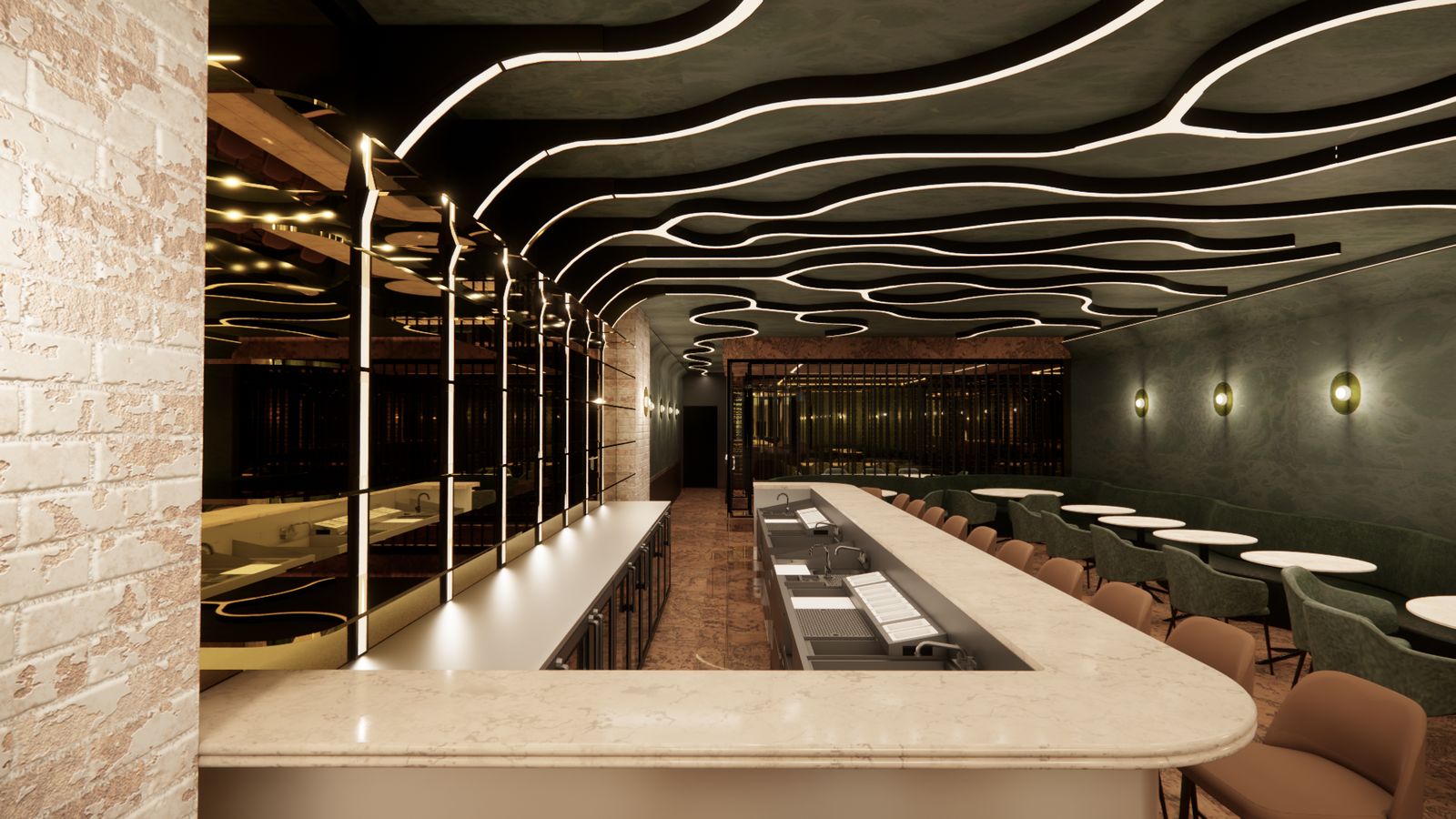 Elevated Wine Bar in the CBD — bar and mirrored wine wall